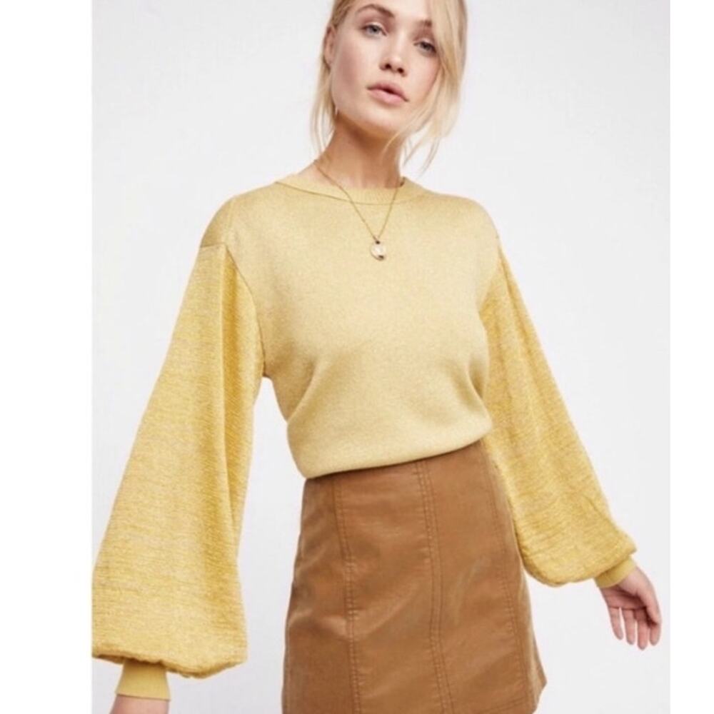 Free‎ People Let It Shine Metallic Gold Sparkle Balloon Sleeve Sweater Size L